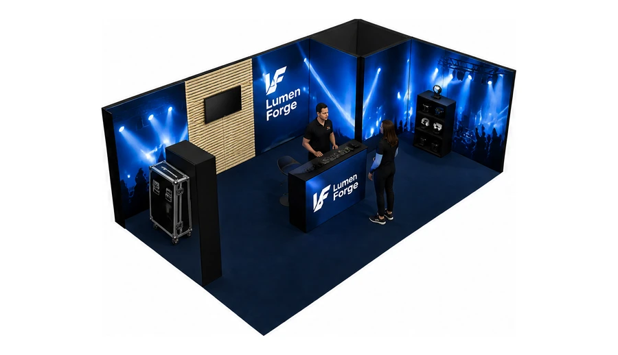 Stoisko 8 × 5 m narożne prawe dla branży branża eventowa, przykładowa marka Lumen Forge