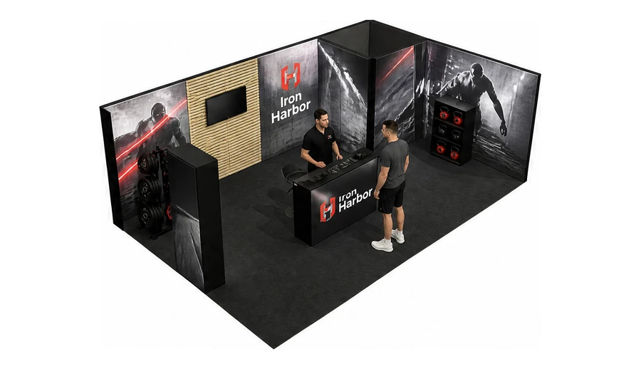 Stoisko 8 × 5 m narożne prawe dla branży fitness i siłownie, przykładowa marka Iron Harbor