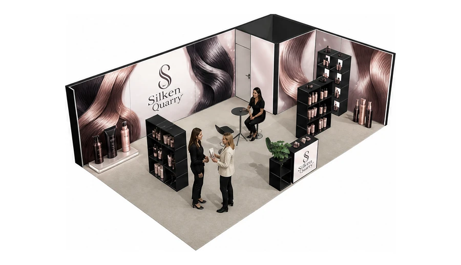 Stoisko 8 × 5 m narożne prawe dla branży fryzjerstwo i salony beauty, przykładowa marka Silken Quarry