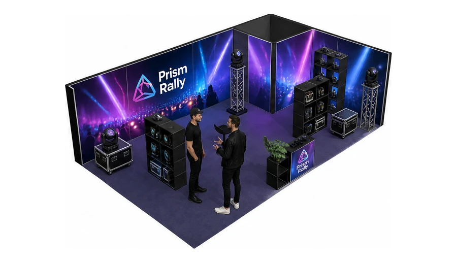 Stoisko 8 × 5 m narożne prawe dla branży branża eventowa, przykładowa marka Prism Rally