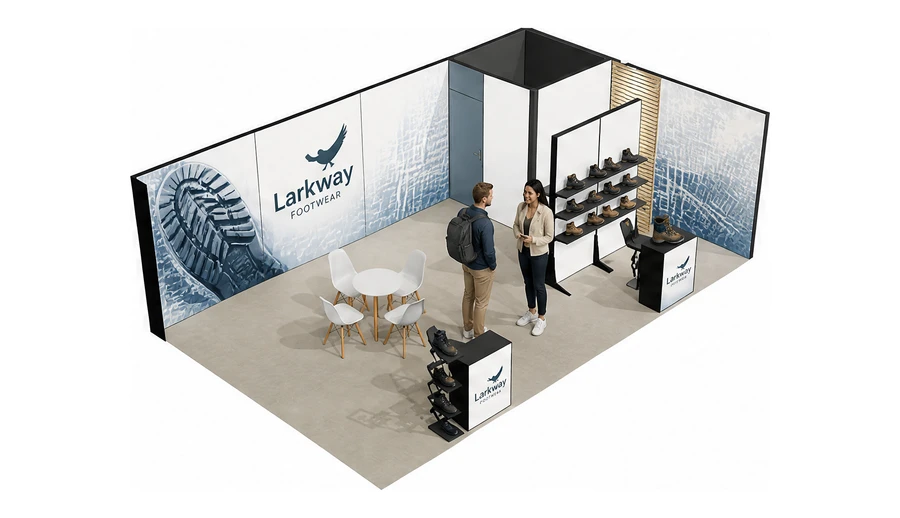 Stoisko 8 × 5 m narożne prawe dla branży obuwie, przykładowa marka Larkway Footwear