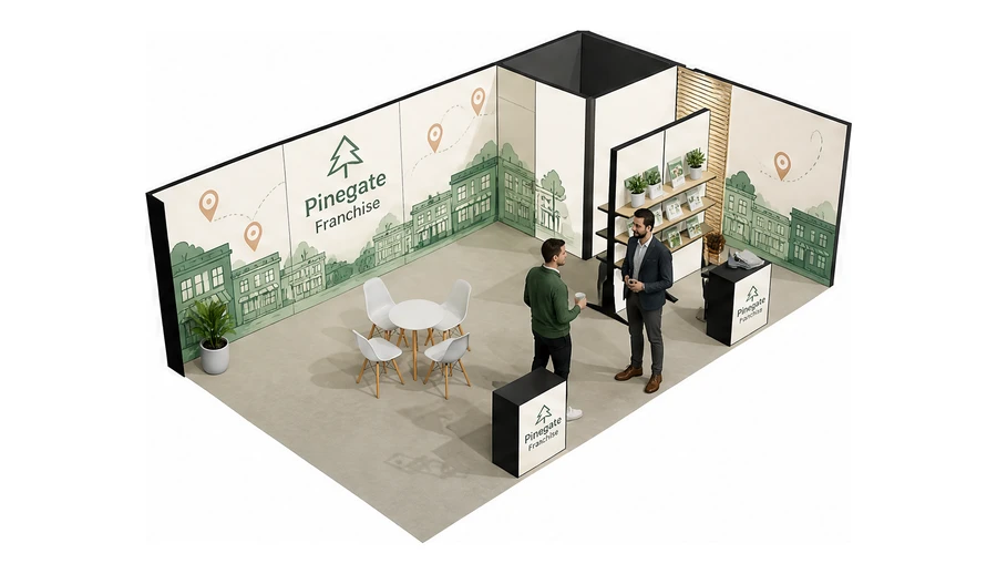 Stoisko 8 × 5 m narożne prawe dla branży franczyza i sieci, przykładowa marka Pinegate Franchise