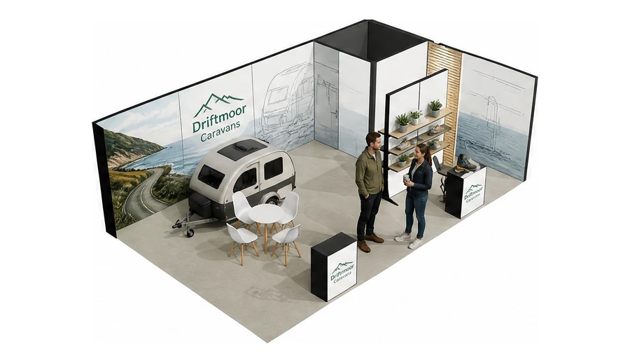 Stoisko 8 × 5 m narożne prawe dla branży caravaning i kampery, przykładowa marka Driftmoor Caravans