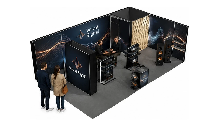 Stoisko 8 × 5 m narożne prawe dla branży sprzęt audio-video, przykładowa marka Velvet Signal