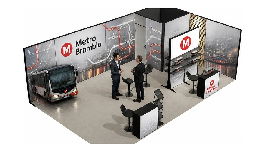 Stoisko 8 × 5 m narożne prawe dla branży autobusy i transport zbiorowy, przykładowa marka Metro Bramble