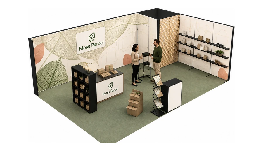 Stoisko 8 × 5 m narożne prawe dla branży opakowania ekologiczne, przykładowa marka Moss Parcel