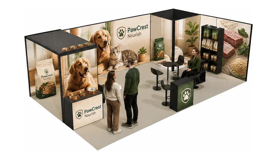 Stoisko 8 × 5 m narożne prawe dla branży karma dla zwierząt, przykładowa marka PawCrest Nourish