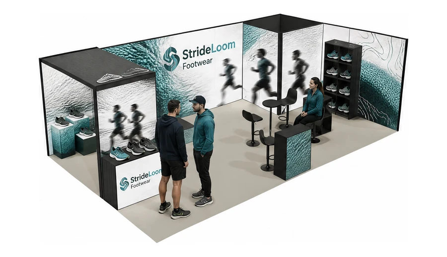 Stoisko 8 × 5 m narożne prawe dla branży obuwie, przykładowa marka StrideLoom Footwear