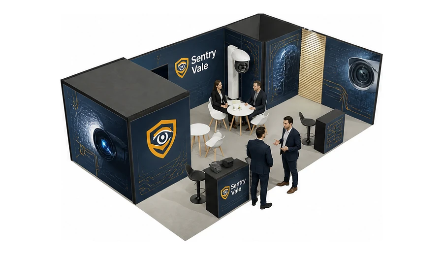 Stoisko 8 × 5 m narożne prawe dla branży systemy zabezpieczeń, przykładowa marka Sentry Vale