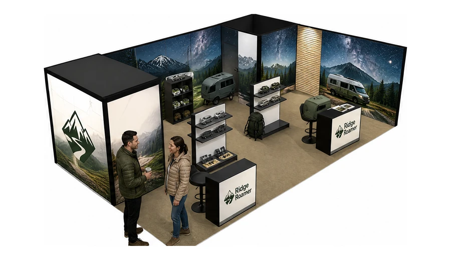 Stoisko 8 × 5 m narożne prawe dla branży caravaning i kampery, przykładowa marka Ridge Roamer