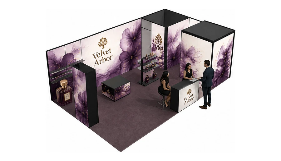 Stoisko 8 × 5 m narożne prawe dla branży perfumy, przykładowa marka Velvet Arbor