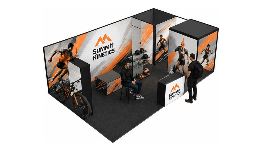 Stoisko 8 × 5 m narożne prawe dla branży sprzęt sportowy, przykładowa marka Summit Kinetics