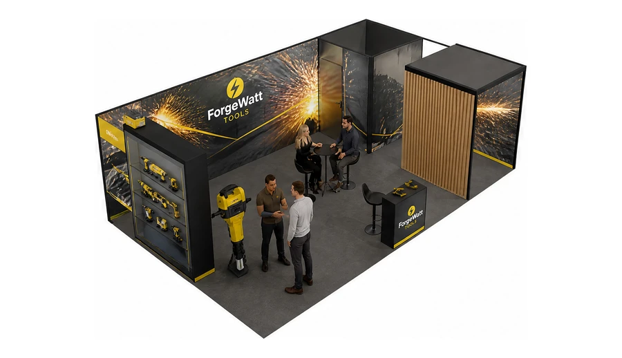 Stoisko 8 × 5 m narożne prawe dla branży elektronarzędzia, przykładowa marka ForgeWatt Tools