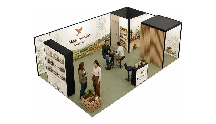 Stoisko 8 × 5 m narożne prawe dla branży żywność ekologiczna, przykładowa marka MeadowKite Organics