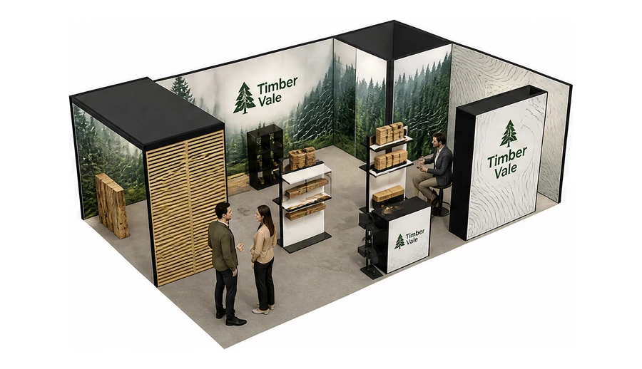 Stoisko 8 × 5 m narożne prawe dla branży leśnictwo i przemysł drzewny, przykładowa marka Timber Vale