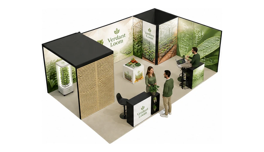 Stoisko 8 × 5 m narożne prawe dla branży sadownictwo i warzywnictwo, przykładowa marka Verdant Loom