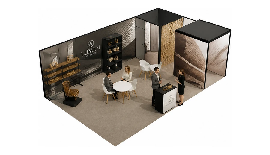 Stoisko 8 × 5 m narożne prawe dla branży meble designerskie, przykładowa marka Lumen Joinery