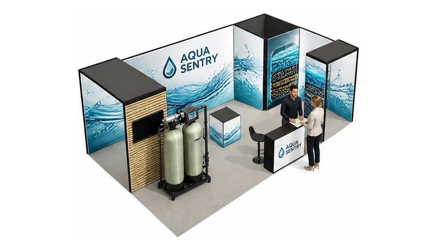 Stoisko 8 × 5 m narożne prawe dla branży technologie wodne, przykładowa marka Aqua Sentry