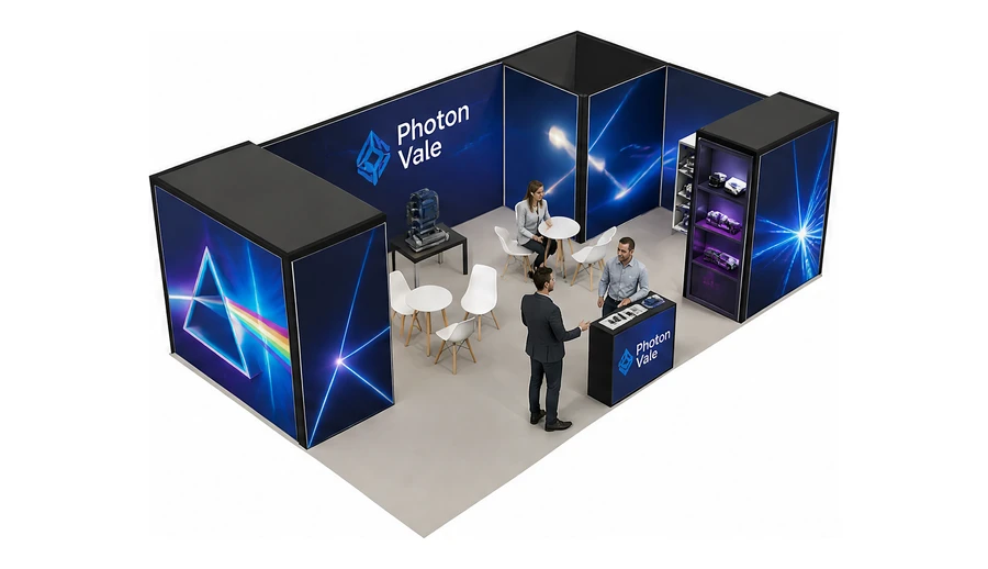 Stoisko 8 × 5 m narożne prawe dla branży technika laserowa i fotonika, przykładowa marka Photon Vale