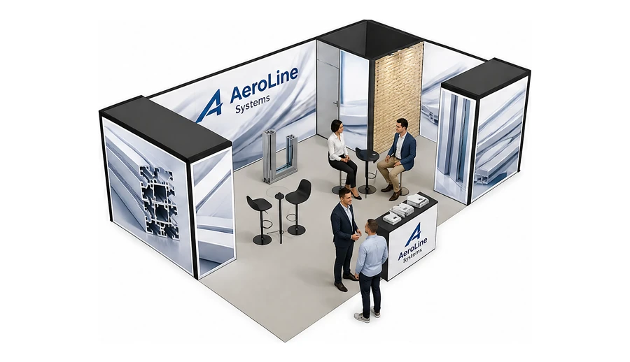 Stoisko 8 × 5 m narożne prawe dla branży profile aluminiowe, przykładowa marka AeroLine Systems