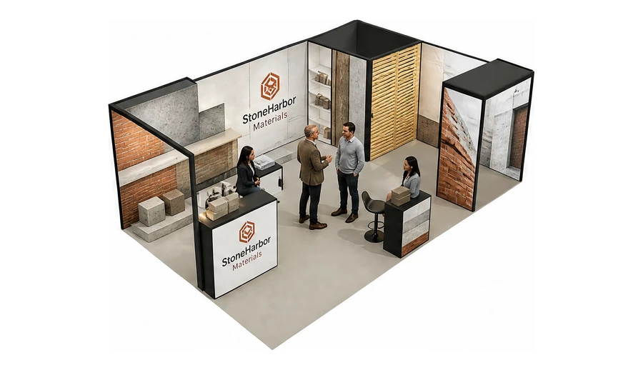 Stoisko 8 × 5 m narożne prawe dla branży materiały budowlane, przykładowa marka StoneHarbor Materials