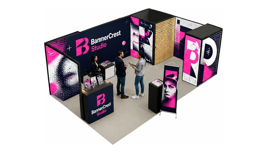 Stoisko 8 × 5 m narożne prawe dla branży reklama i druk, przykładowa marka BannerCrest Studio