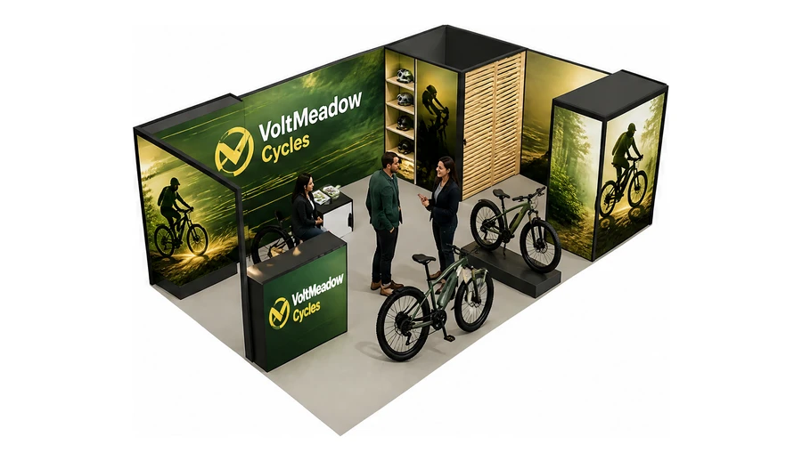 Stoisko 8 × 5 m narożne prawe dla branży rowery elektryczne, przykładowa marka VoltMeadow Cycles
