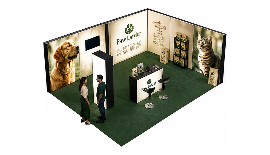 Stoisko 8 × 6 m narożne prawe dla branży karma dla zwierząt, przykładowa marka Paw Larder