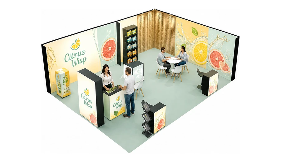Stoisko 8 × 6 m narożne prawe dla branży napoje, przykładowa marka Citrus Wisp