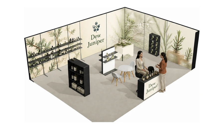 Stoisko 8 × 6 m narożne prawe dla branży kosmetyki naturalne, przykładowa marka Dew Juniper