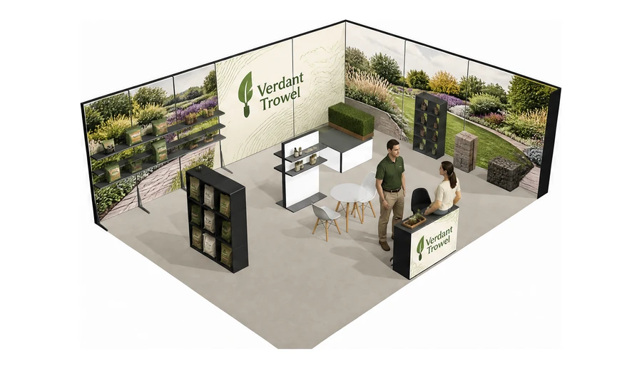 Stoisko 8 × 6 m narożne prawe dla branży ogród i architektura krajobrazu, przykładowa marka Verdant Trowel
