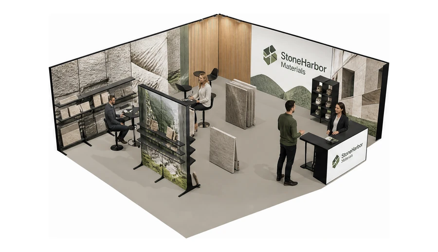 Stoisko 8 × 6 m narożne prawe dla branży materiały budowlane, przykładowa marka StoneHarbor Materials