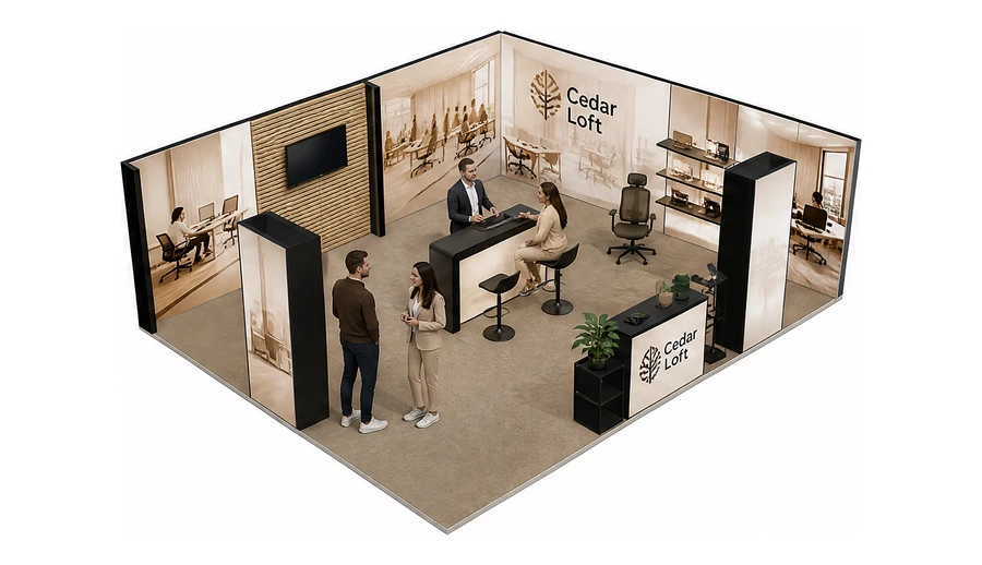 Stoisko 8 × 6 m narożne prawe dla branży meble biurowe, przykładowa marka Cedar Loft