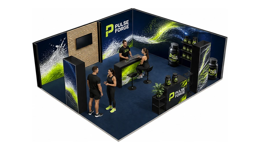 Stoisko 8 × 6 m narożne prawe dla branży suplementy diety, przykładowa marka Pulse Forge