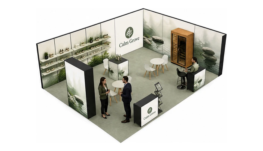 Stoisko 8 × 6 m narożne prawe dla branży spa i wellness, przykładowa marka Calm Grove