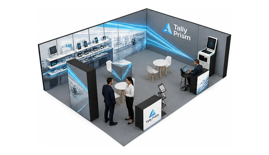 Stoisko 8 × 6 m narożne prawe dla branży technologie dla handlu, przykładowa marka Tally Prism