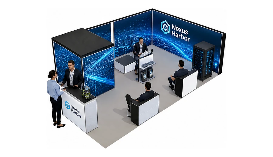 Stoisko 8 × 6 m narożne prawe dla branży infrastruktura IT i data center, przykładowa marka Nexus Harbor