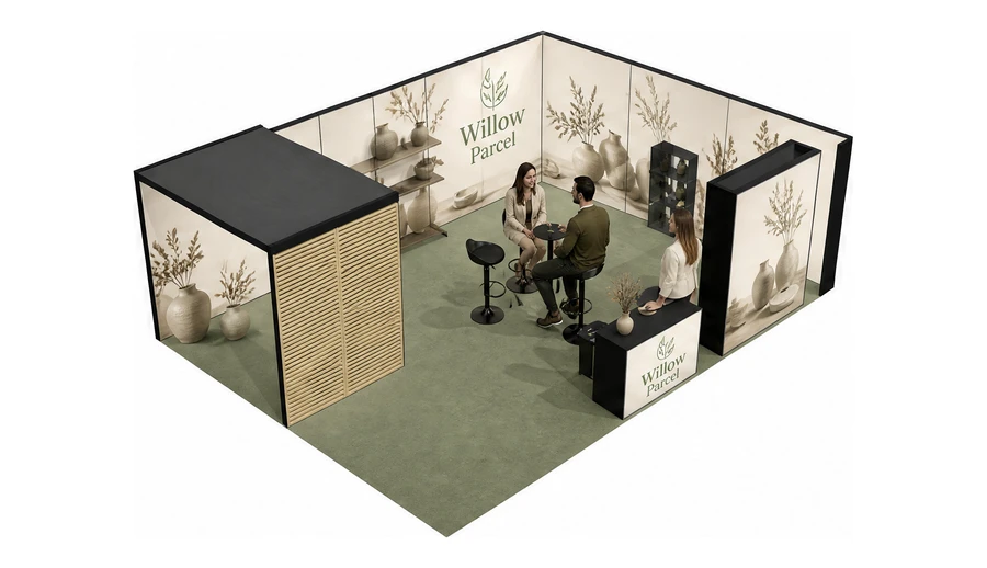 Stoisko 8 × 6 m narożne prawe dla branży dekoracje i upominki, przykładowa marka Willow Parcel