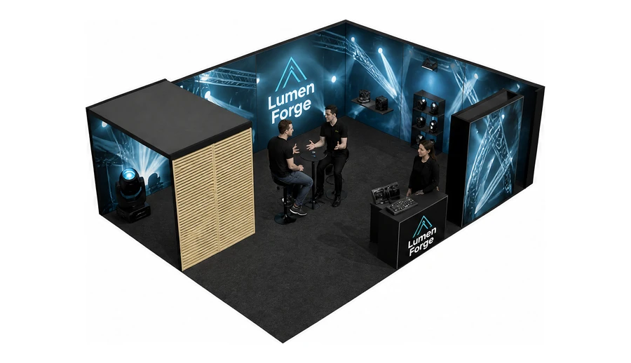 Stoisko 8 × 6 m narożne prawe dla branży branża eventowa, przykładowa marka Lumen Forge