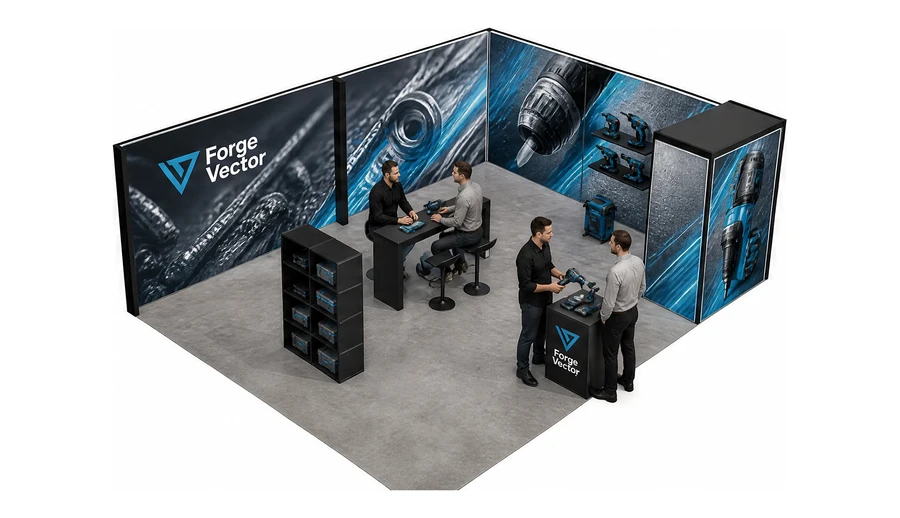 Stoisko 8 × 6 m narożne prawe dla branży elektronarzędzia, przykładowa marka Forge Vector