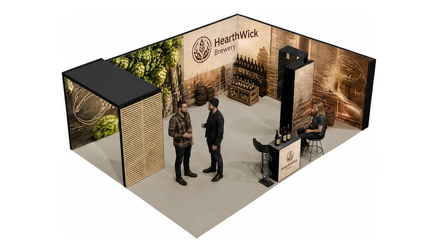 Stoisko 8 × 6 m narożne prawe dla branży browar rzemieślniczy, przykładowa marka HearthWick Brewery