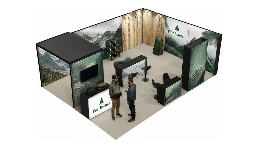 Stoisko 8 × 6 m narożne prawe dla branży odzież i sprzęt outdoorowy, przykładowa marka Pine Roamer