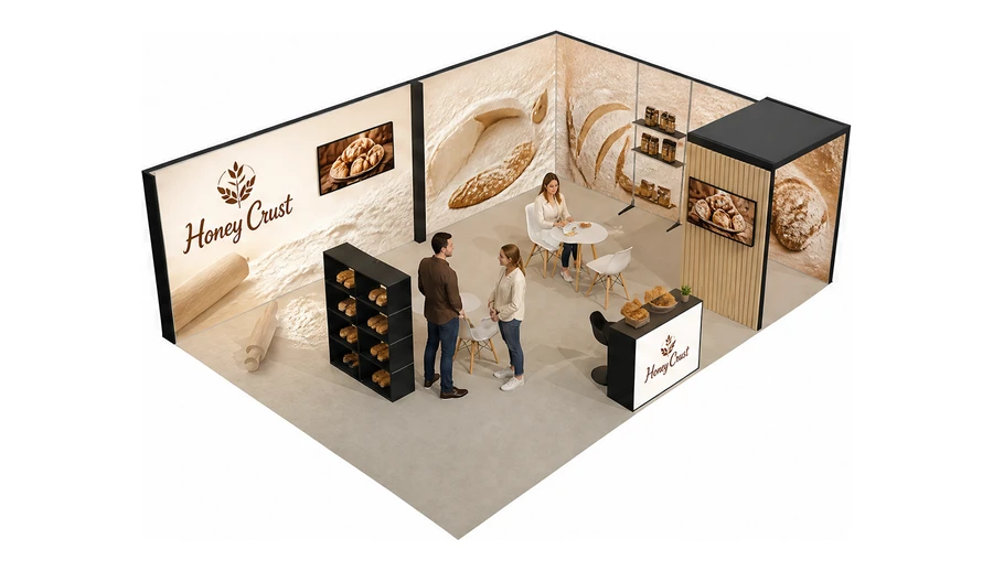 Stoisko 8 × 6 m narożne prawe dla branży piekarnictwo i cukiernictwo, przykładowa marka Honey Crust