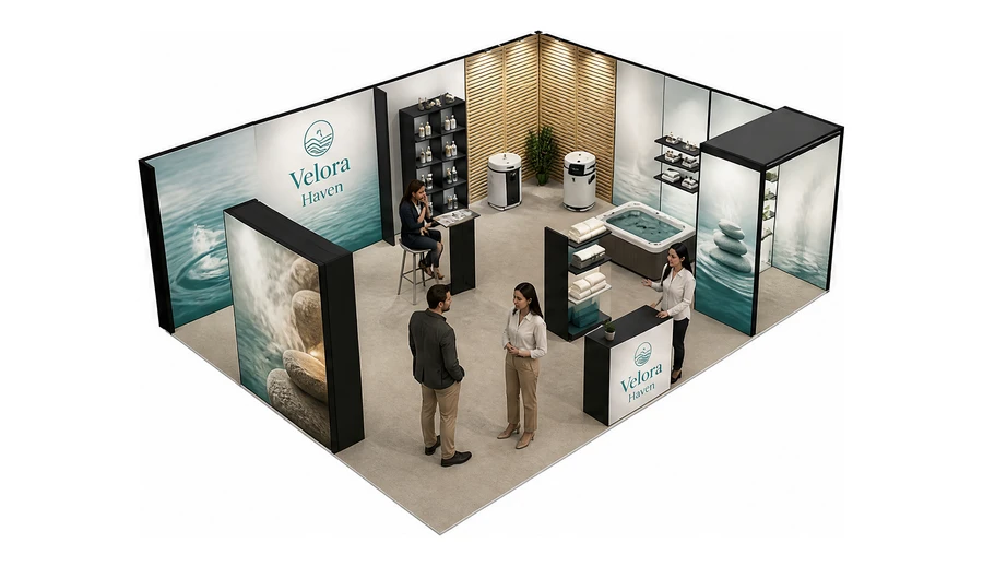 Stoisko 8 × 6 m narożne prawe dla branży spa i wellness, przykładowa marka Velora Haven