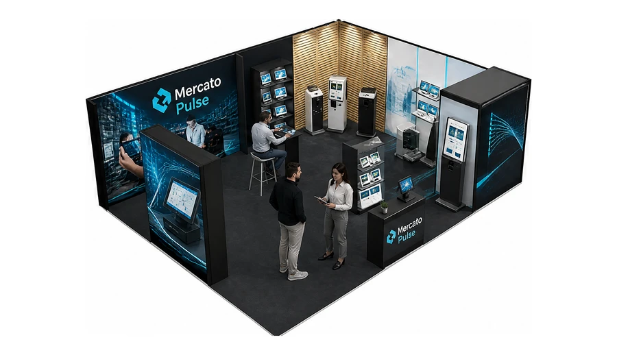 Stoisko 8 × 6 m narożne prawe dla branży technologie dla handlu, przykładowa marka Mercato Pulse