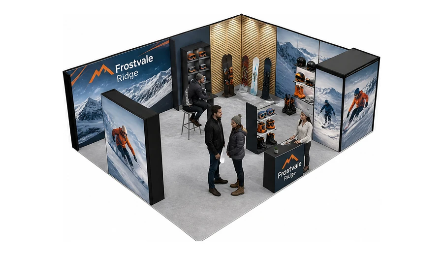 Stoisko 8 × 6 m narożne prawe dla branży narciarstwo i sporty zimowe, przykładowa marka Frostvale Ridge