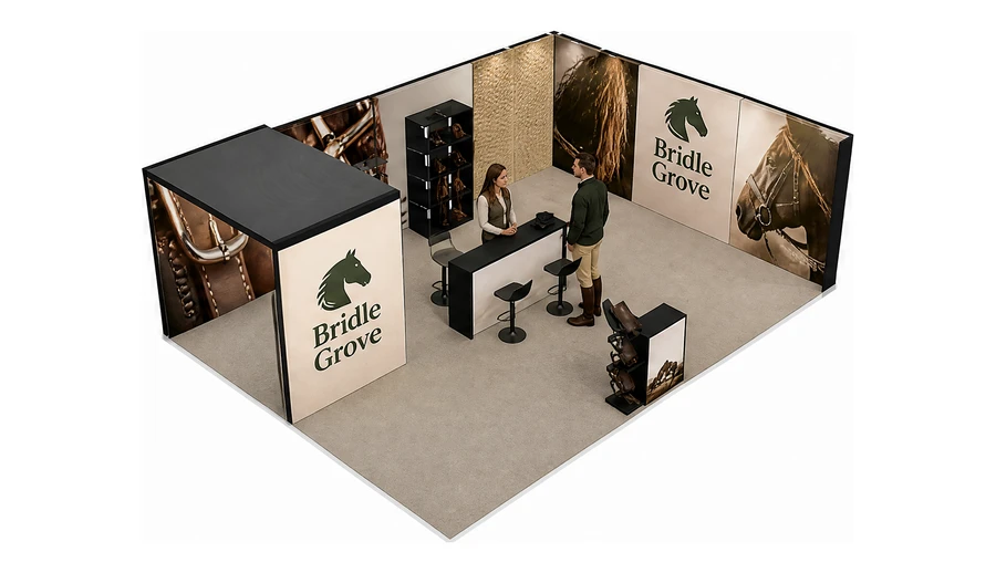 Stoisko 8 × 6 m narożne prawe dla branży jeździectwo, przykładowa marka Bridle Grove