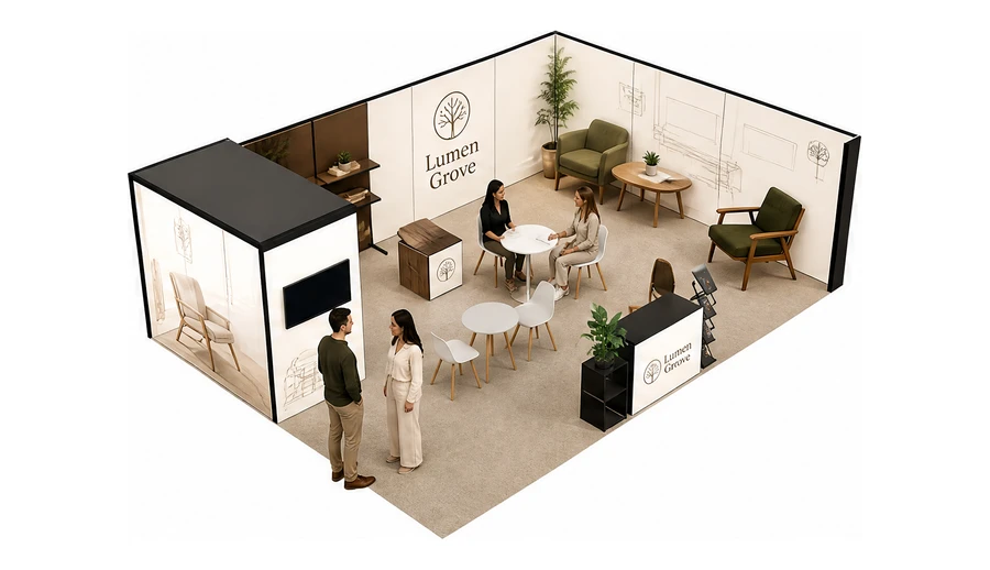 Stoisko 8 × 6 m narożne prawe dla branży meble designerskie, przykładowa marka Lumen Grove