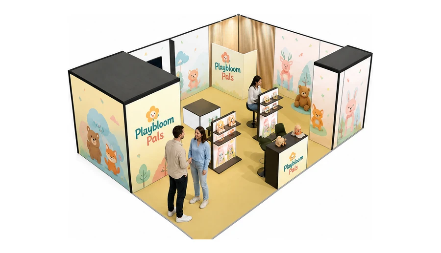 Stoisko 8 × 6 m narożne prawe dla branży zabawki i artykuły dziecięce, przykładowa marka Playbloom Pals