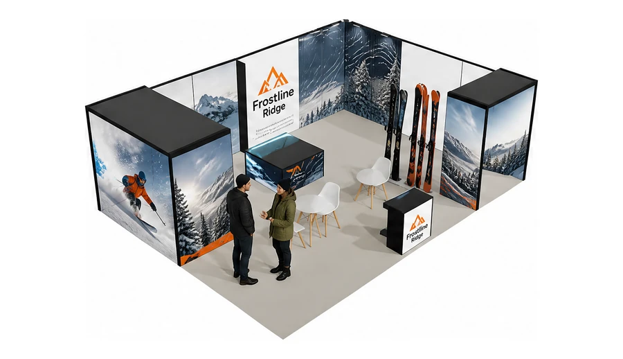 Stoisko 8 × 6 m narożne prawe dla branży narciarstwo i sporty zimowe, przykładowa marka Frostline Ridge